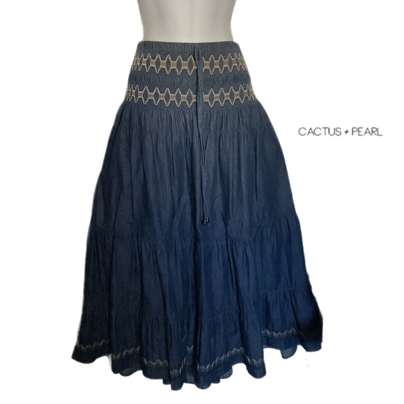 cactus + pearl Dresses & Skirts - Cactus + Pearl Midi Skirt XXL in Slate Blue 100% Cotton Soft Smocked Denim Look